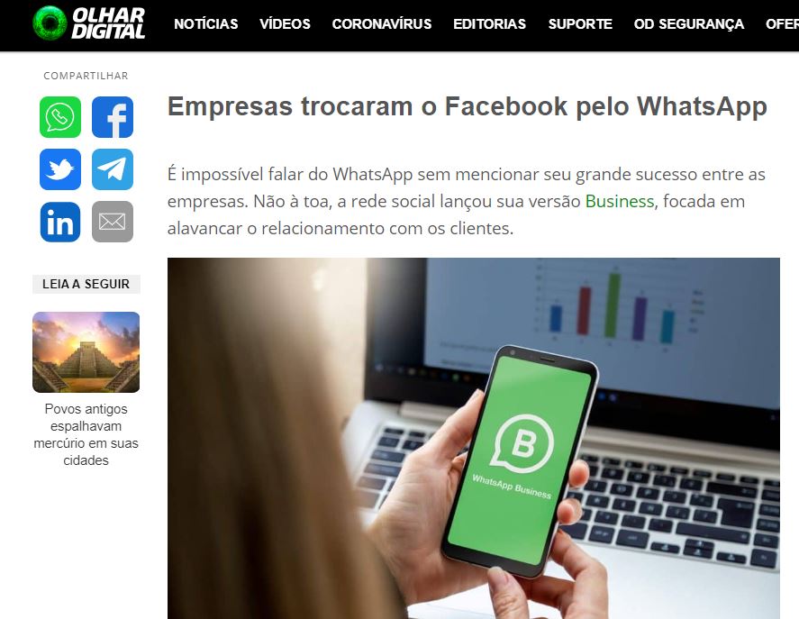 Título de notícia informa que as pessoas trocam facebook pelo whatsapp
